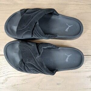 Puma Leadcat Slides Women 7 Black Slip On Criss Cross Strap Streetwear